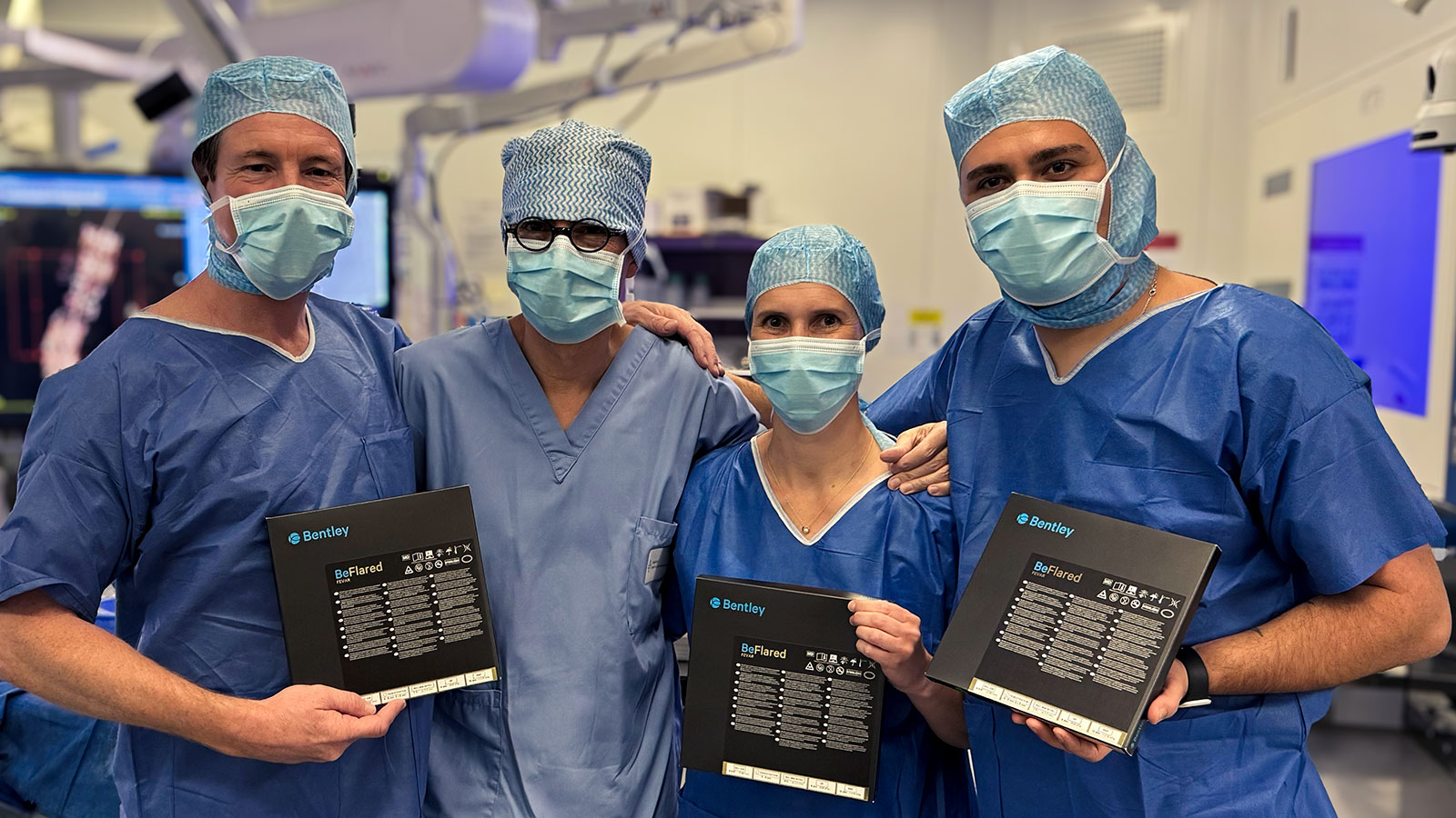 Happy after a successful “first in man” implantation: Bentley CEO Sebastian Büchert, vascular surgeon Prof. Stéphan Haulon, with Carmen Panero Delgado, head of R&D at Bentley and project lead Atilla Duyar.